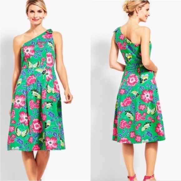 Talbots One-Shoulder Fit And Flare Green Pink Floral Elegant Dress NWT - Picture 1 of 13